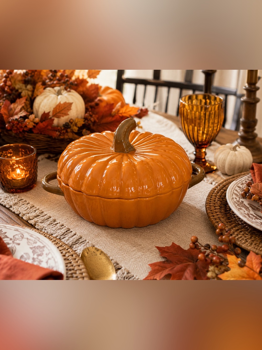 Artisan Orange Pumpkin Stoneware Covered Casserole Dish Fall Thanksgiving